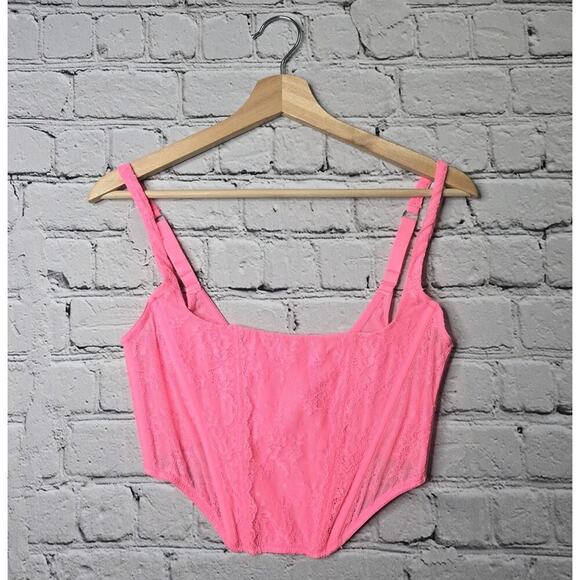 Out From Under Urban Outfitters Neon Pink Lace Detail Corset Top Size Large - Picture 1 of 10